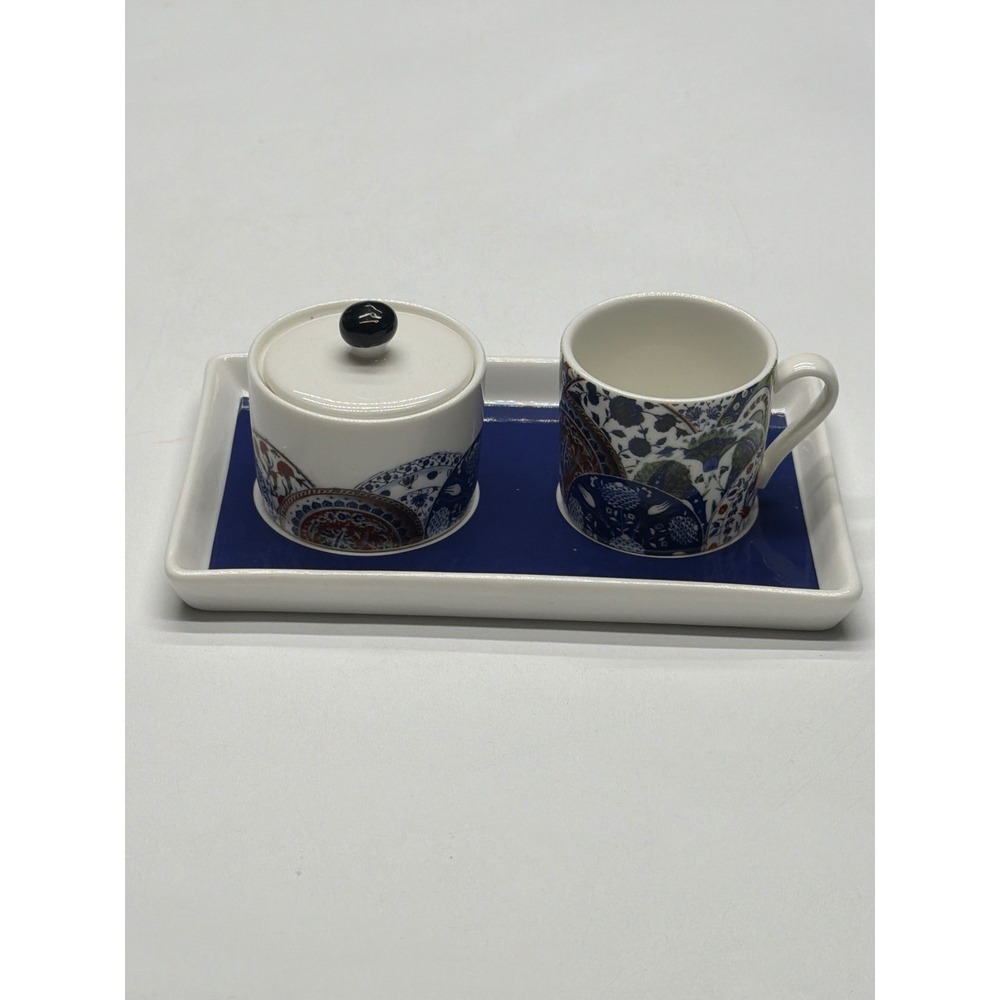 Turkish Pasabahce Sugar Bowl Cup Tray‎ Set Blue White Floral Pattern Ceramic